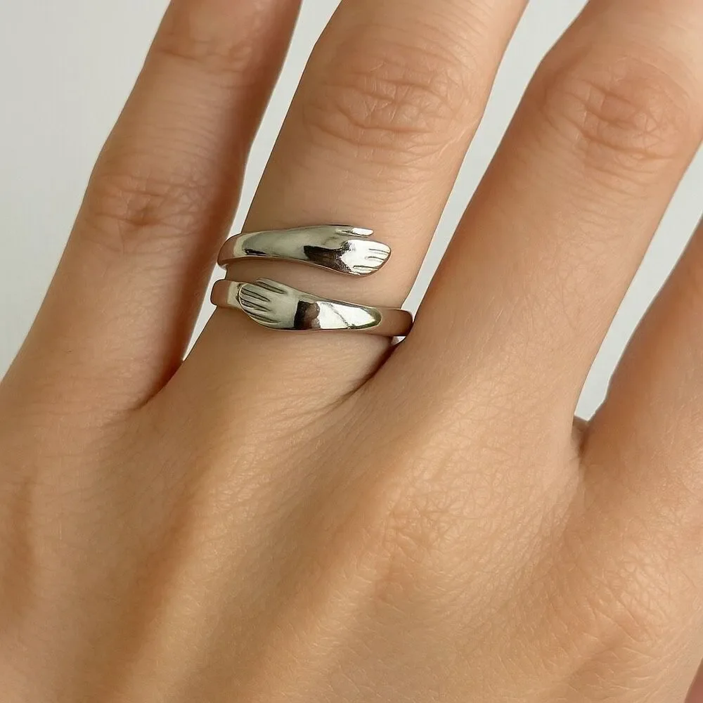 Hugging Hands Adjustable Ring Set – 2 Silver Tone Rings - Picture 3 of 7